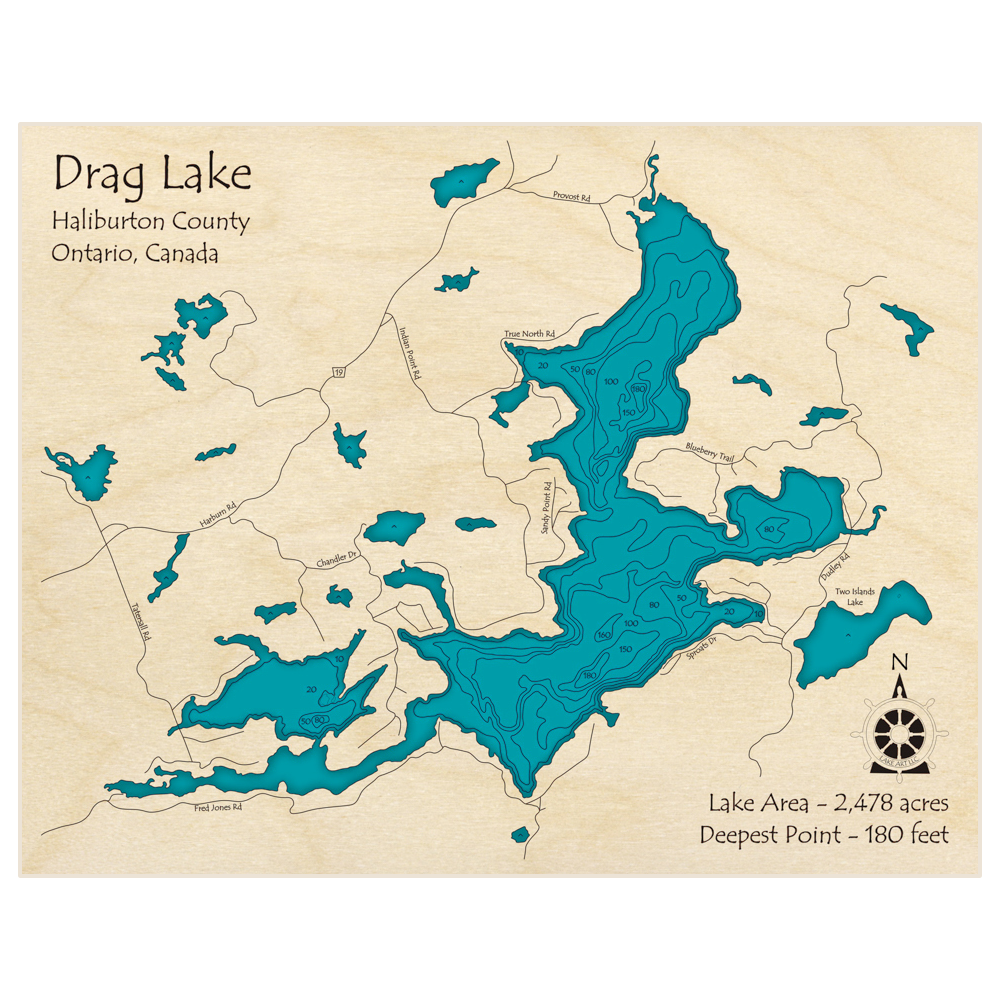 Bathymetric topo map of Drag Lake with roads, towns and depths noted in blue water