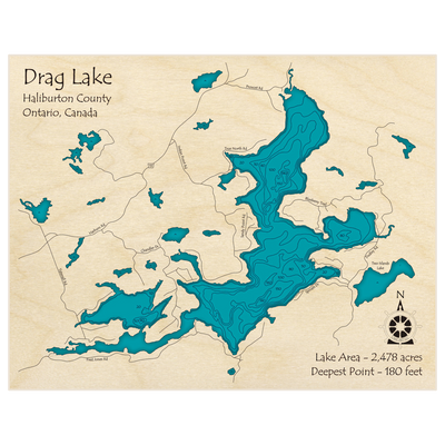 Bathymetric topo map of Drag Lake with roads, towns and depths noted in blue water