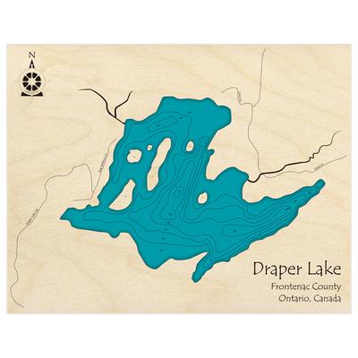 Bathymetric topo map of Draper Lake with roads, towns and depths noted in blue water