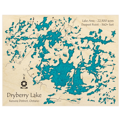 Bathymetric topo map of Dryberry Lake with roads, towns and depths noted in blue water