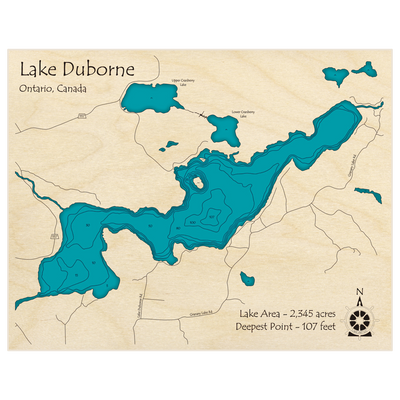 Bathymetric topo map of Lake Duborne with roads, towns and depths noted in blue water