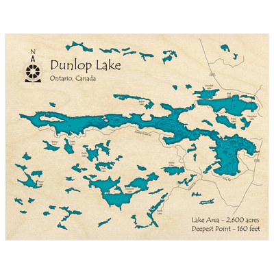 Bathymetric topo map of Dunlop Lake with roads, towns and depths noted in blue water