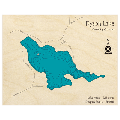 Bathymetric topo map of Dyson Lake with roads, towns and depths noted in blue water