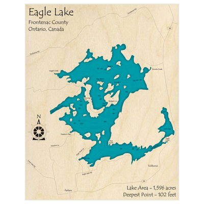 Bathymetric topo map of Eagle Lake with roads, towns and depths noted in blue water