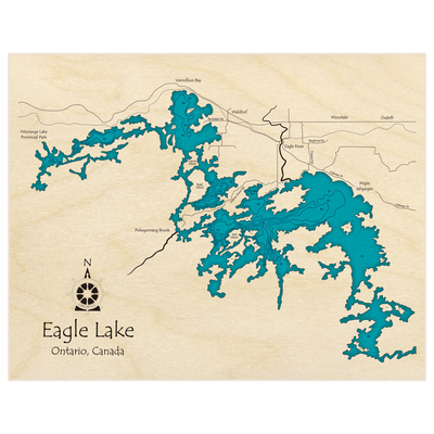 Bathymetric topo map of Eagle Lake (Near Dryden and Eagle River) with roads, towns and depths noted in blue water