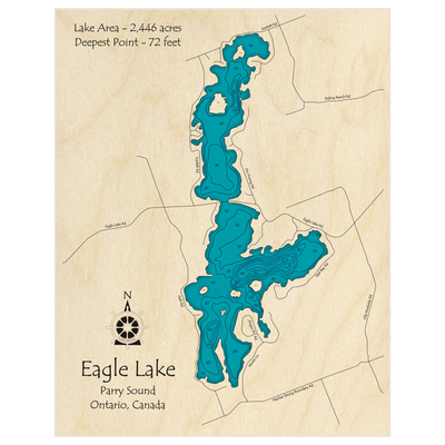 Bathymetric topo map of Eagle Lake with roads, towns and depths noted in blue water