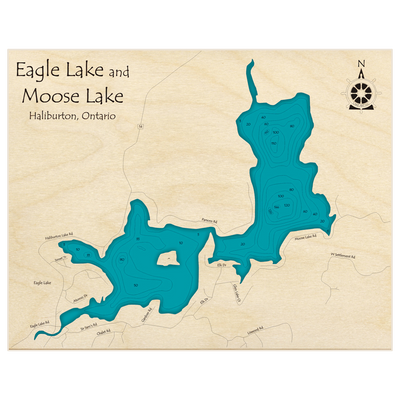 Bathymetric topo map of Eagle Lake and Moose Lake with roads, towns and depths noted in blue water