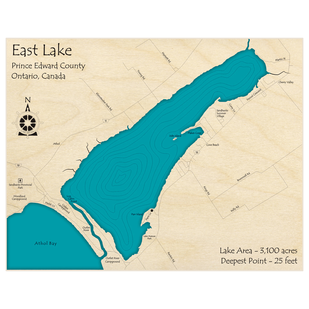 Bathymetric topo map of East Lake  with roads, towns and depths noted in blue water