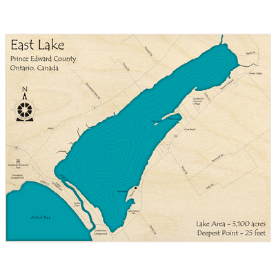 Bathymetric topo map of East Lake  with roads, towns and depths noted in blue water