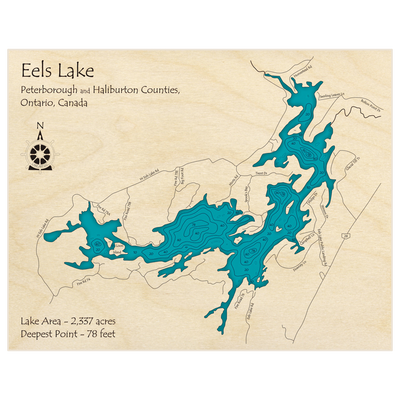 Bathymetric topo map of Eels Lake with roads, towns and depths noted in blue water