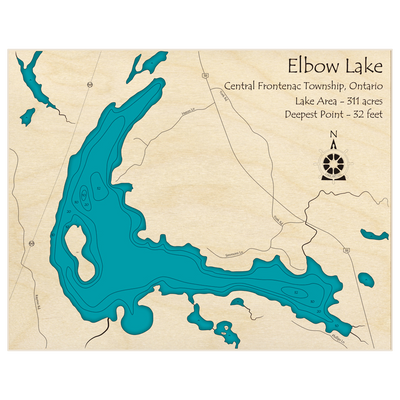 Bathymetric topo map of Elbow Lake with roads, towns and depths noted in blue water