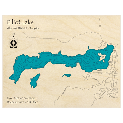 Bathymetric topo map of Elliot Lake with roads, towns and depths noted in blue water