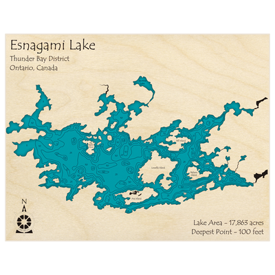 Bathymetric topo map of Esnagami Lake with roads, towns and depths noted in blue water