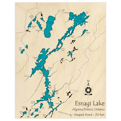 Bathymetric topo map of Esnagi Lake with roads, towns and depths noted in blue water