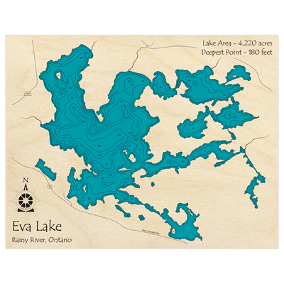 Bathymetric topo map of Eva Lake with roads, towns and depths noted in blue water