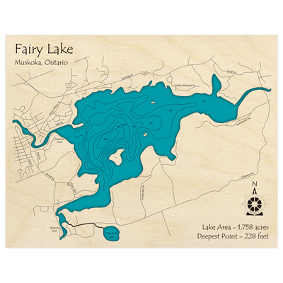 Bathymetric topo map of Fairy Lake with roads, towns and depths noted in blue water