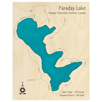 Bathymetric topo map of Faraday Lake  with roads, towns and depths noted in blue water