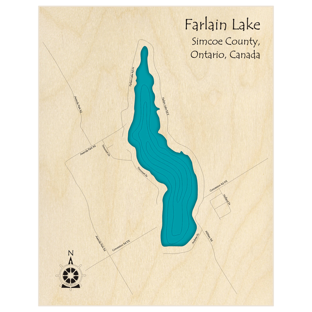 Bathymetric topo map of Farlain Lake  with roads, towns and depths noted in blue water