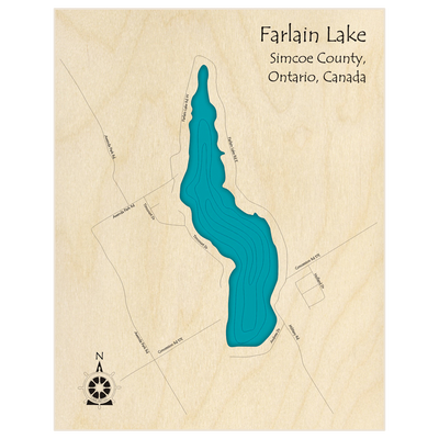 Bathymetric topo map of Farlain Lake  with roads, towns and depths noted in blue water