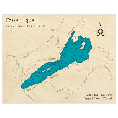 Bathymetric topo map of Farren Lake with roads, towns and depths noted in blue water