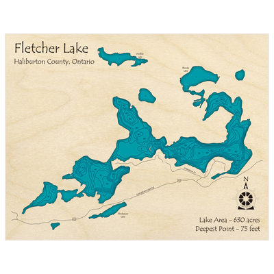 Bathymetric topo map of Fletcher Lake with roads, towns and depths noted in blue water