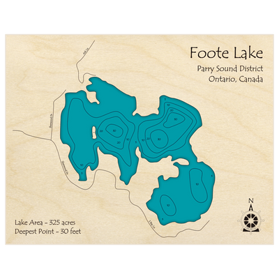 Bathymetric topo map of Foote Lake with roads, towns and depths noted in blue water