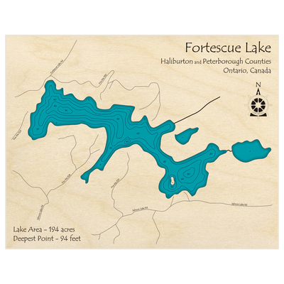 Bathymetric topo map of Fortescue Lake with roads, towns and depths noted in blue water