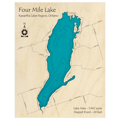 Bathymetric topo map of Four Mile Lake with roads, towns and depths noted in blue water