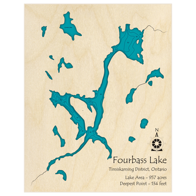 Bathymetric topo map of Fourbass Lake with roads, towns and depths noted in blue water