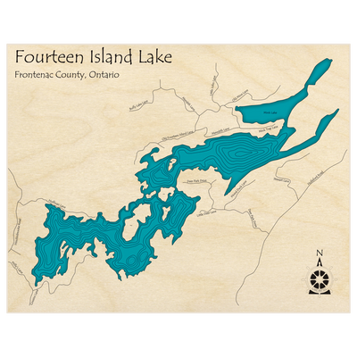 Bathymetric topo map of Fourteen Island Lake  with roads, towns and depths noted in blue water