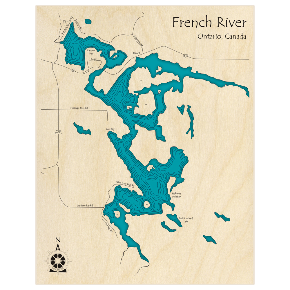 Bathymetric topo map of French River at Jamot  with roads, towns and depths noted in blue water