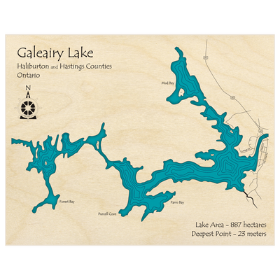 Bathymetric topo map of Galeairy Lake  with roads, towns and depths noted in blue water