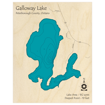 Bathymetric topo map of Galloway Lake with roads, towns and depths noted in blue water