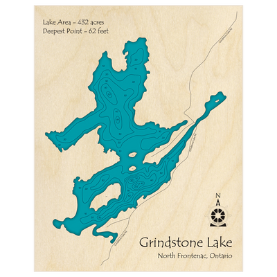 Bathymetric topo map of Grindstone Lake with roads, towns and depths noted in blue water