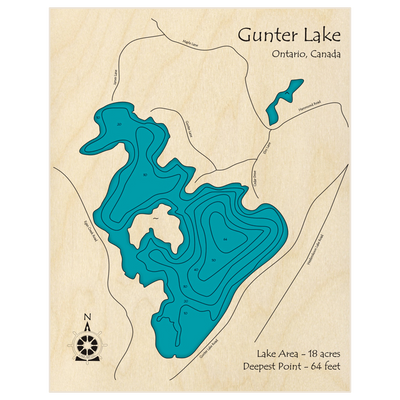 Bathymetric topo map of Gunter Lake with roads, towns and depths noted in blue water