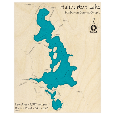 Bathymetric topo map of Haliburton Lake with roads, towns and depths noted in blue water