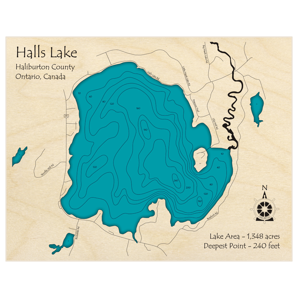 Bathymetric topo map of Halls Lake with roads, towns and depths noted in blue water