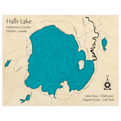 Bathymetric topo map of Halls Lake with roads, towns and depths noted in blue water