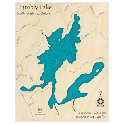 Bathymetric topo map of Hambly Lake with roads, towns and depths noted in blue water