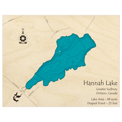 Bathymetric topo map of Hannah Lake (Near Sudbury) with roads, towns and depths noted in blue water