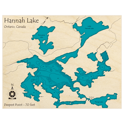 Bathymetric topo map of Hannah Lake (Near Espanola) with roads, towns and depths noted in blue water