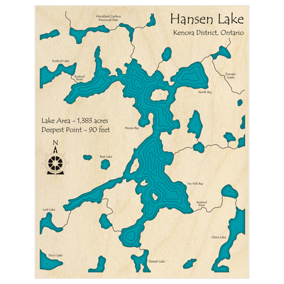 Bathymetric topo map of Hansen Lake  with roads, towns and depths noted in blue water