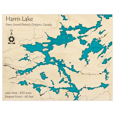 Bathymetric topo map of Harris Lake (near Northern Pike Lake) with roads, towns and depths noted in blue water