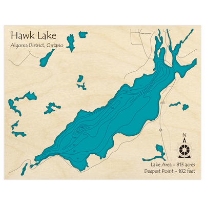 Bathymetric topo map of Hawk Lake with roads, towns and depths noted in blue water