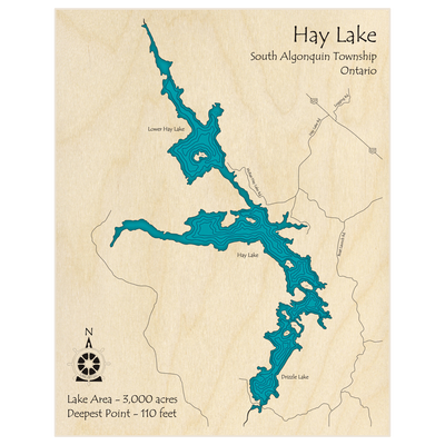 Bathymetric topo map of Hay Lake with Little Hay Lake and Drizze Lake  with roads, towns and depths noted in blue water