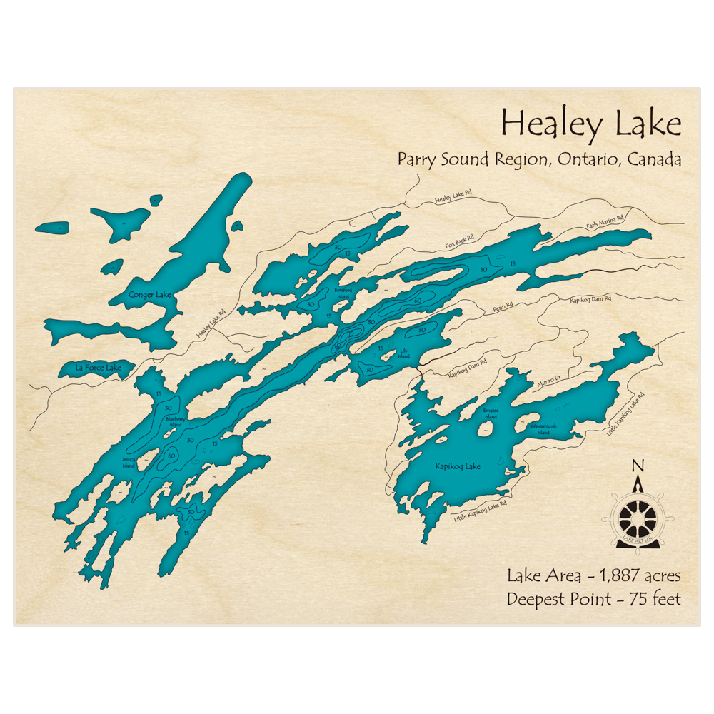 Bathymetric topo map of Healey Lake with roads, towns and depths noted in blue water