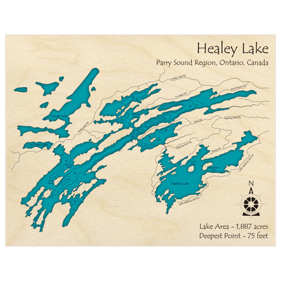 Bathymetric topo map of Healey Lake with roads, towns and depths noted in blue water