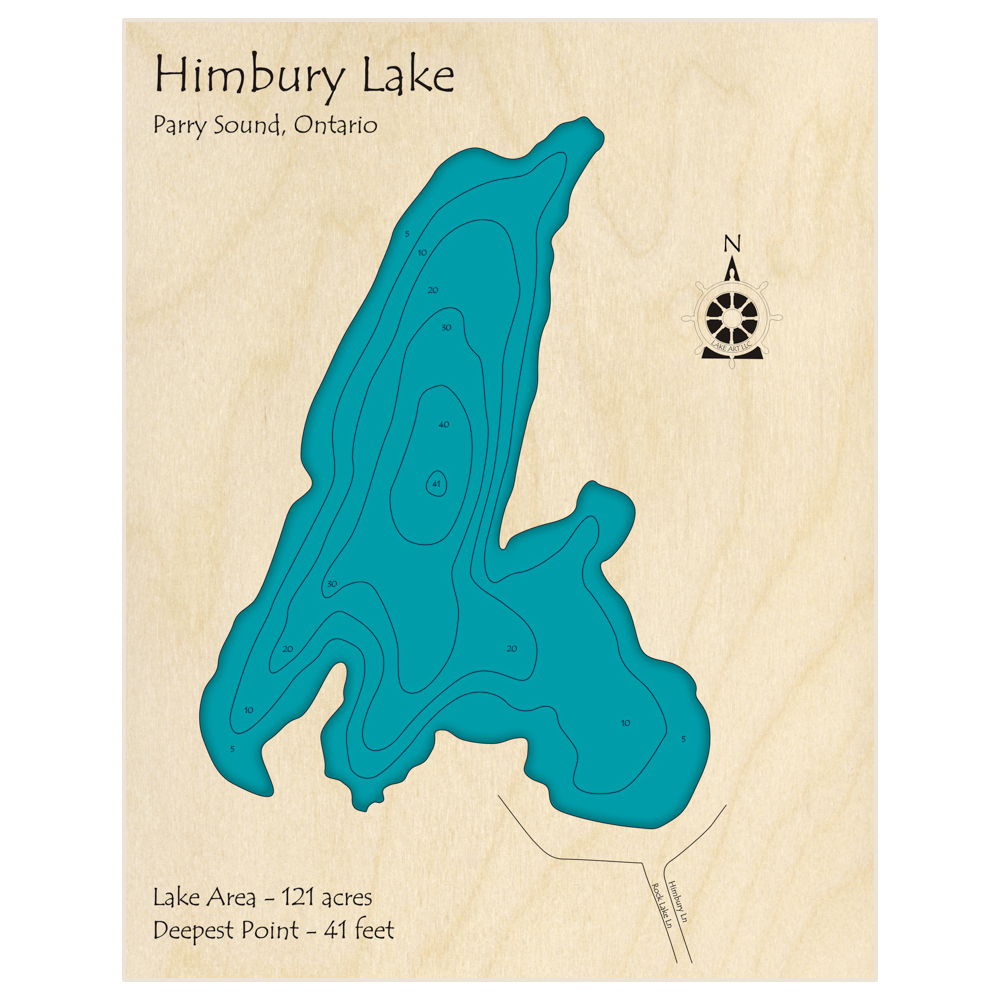 Bathymetric topo map of Himbury Lake with roads, towns and depths noted in blue water