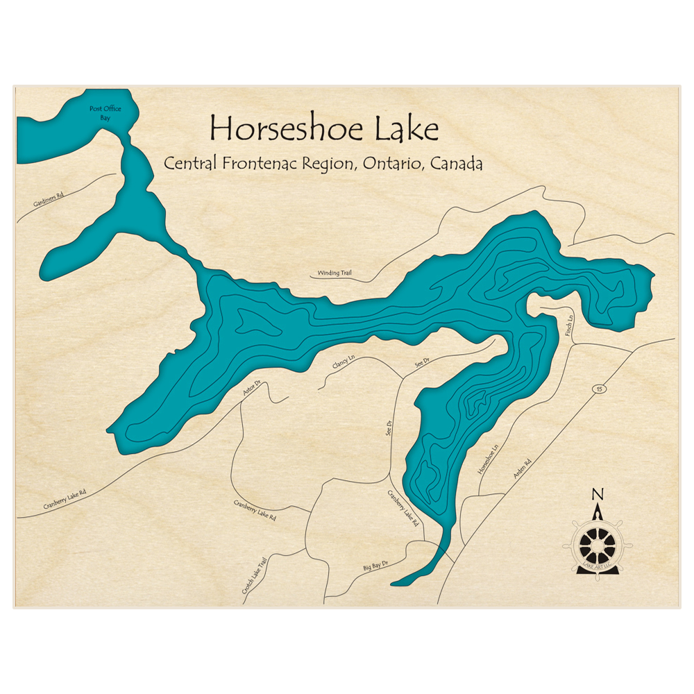 Bathymetric topo map of Horseshoe Lake  with roads, towns and depths noted in blue water