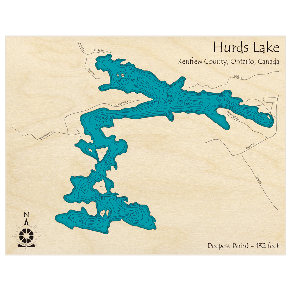 Bathymetric topo map of Hurds Lake with roads, towns and depths noted in blue water